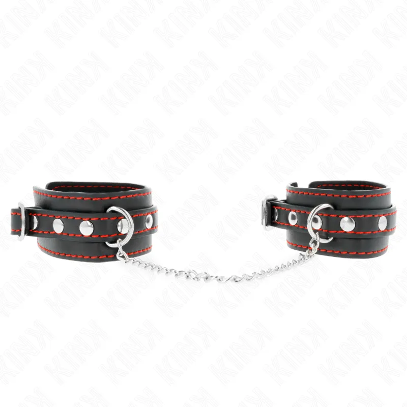 Menottes Cuir Noir Doublure Rouge Réglables 14-24cm - KINK