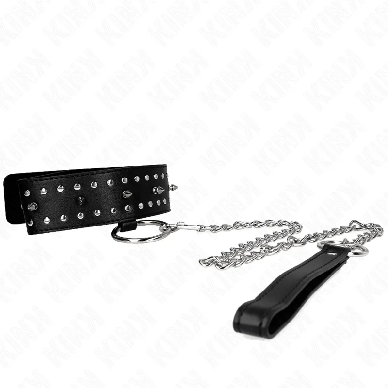 Collier avec Laisse BDSM Cuir Clous Argentés 65cm - KINK
