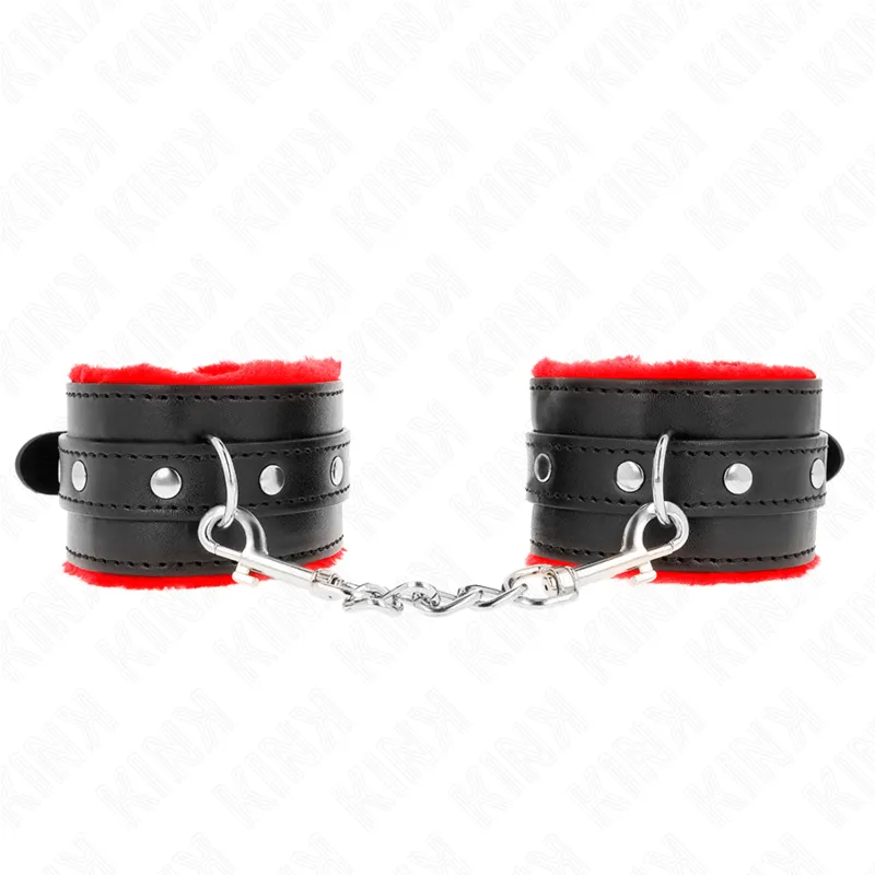 Menottes Cuir Fourrure Premium Rouge Réglables - KINK