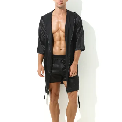 MenSexyWear Peignoir effet satiné LONG SLIT Noir