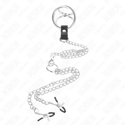 Anneau Pénien Triple Chrome avec Pinces Tétons 26cm - KINK