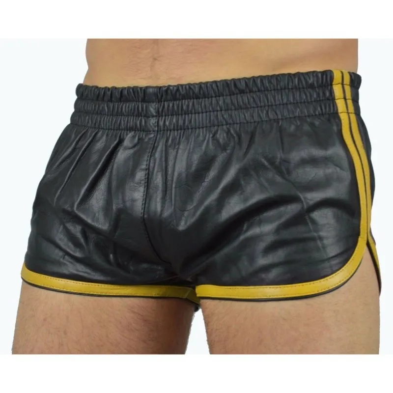 MenSexyWear Short Imitation Cuir SPORTS LINE Noir-Jaune