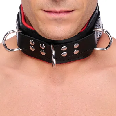 Collier en cuir rembourré avec 3 Anneaux D Rouge