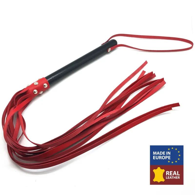 Martinet Long Lanières en cuir - Manche en bois 80cm Rouge-Noir