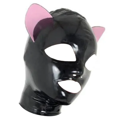 LateXcite Cagoule en latex CAT FETISH Noir-Rose