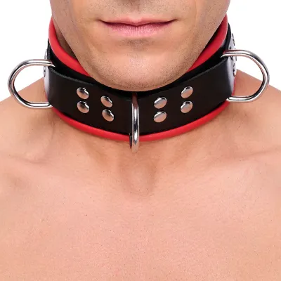 Collier en cuir avec 3 anneaux D Rouge