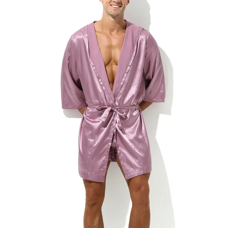 MenSexyWear Peignoir effet satiné LONG SLIT Rose