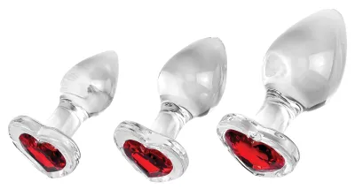 Lot de 3 Plugs Bijou en verre HEART GEM Rouge