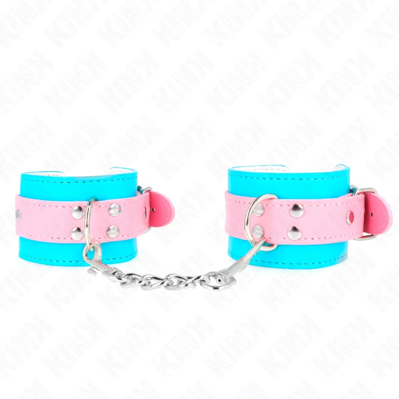 Menottes Ajustables Cuir Bleu Rose 16-28cm - KINK