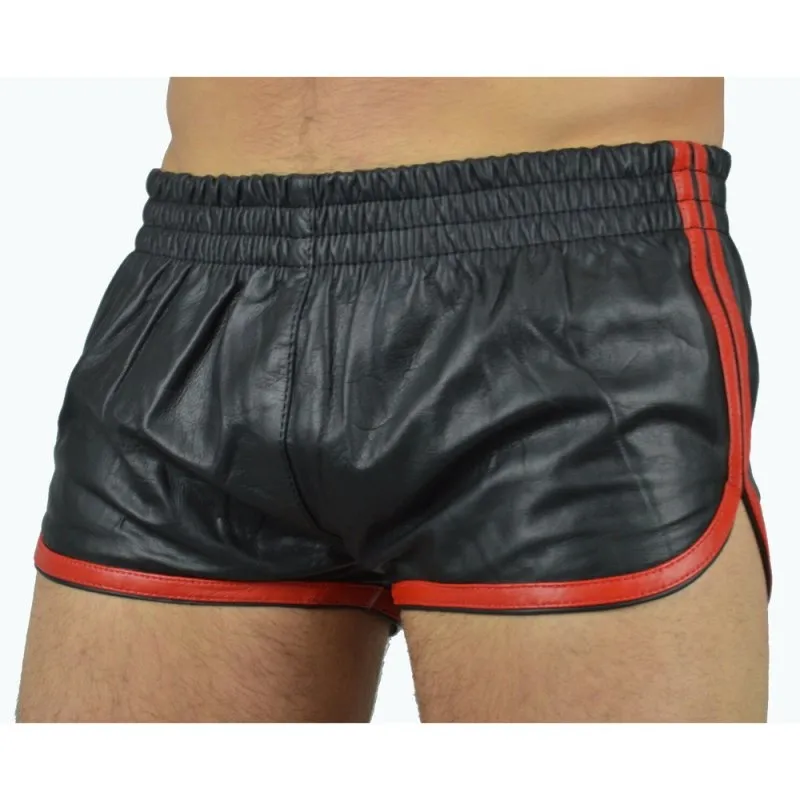 MenSexyWear Short Imitation Cuir SPORTS LINE Noir-Rouge