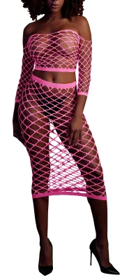 Ouch! Glow Bustier et Robe Filet Épaules dénudées Rose Fluo