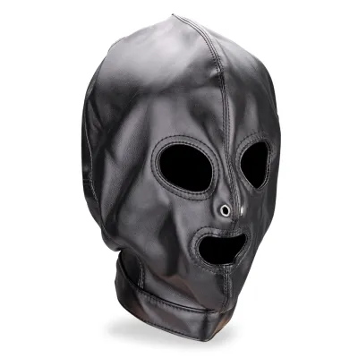 Cagoule BDSM en similicuir trois ouvertures