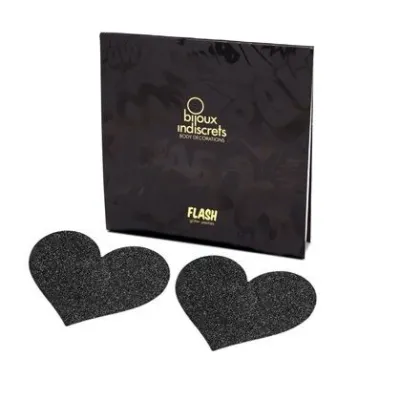 Cache-tétons autocollants Flash cœur noir à paillettes - Bijoux Indiscrets