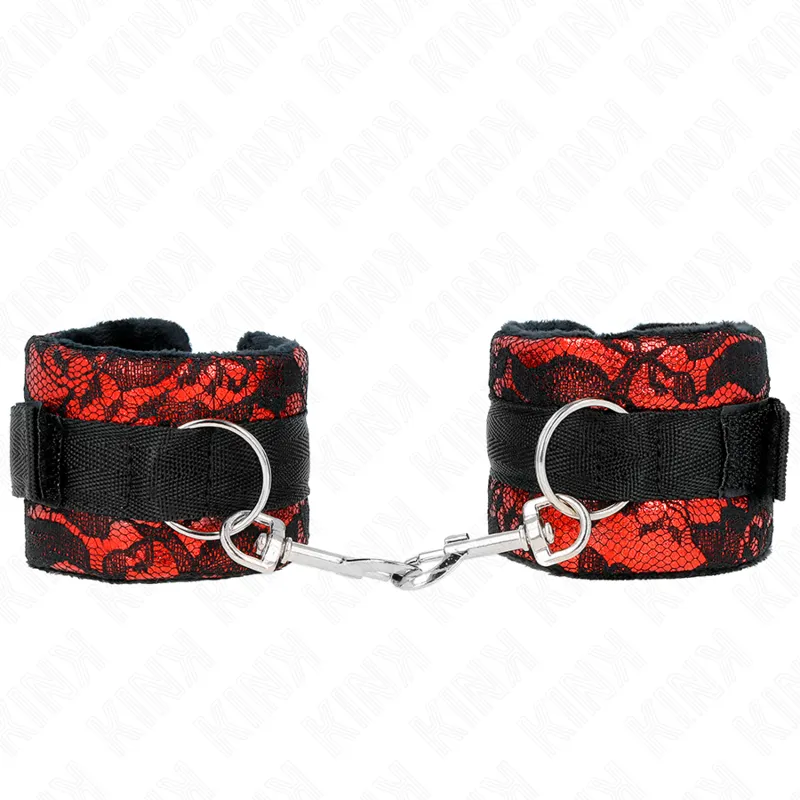 Attaches Poignets Velours Dentelle Rouge/Noir 23cm - KINK