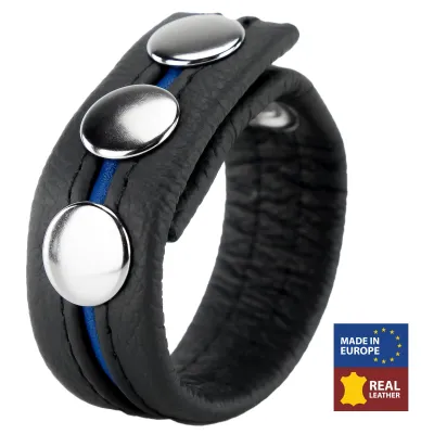 Anneau pénien en cuir 3 Pressions Noir-Bleu