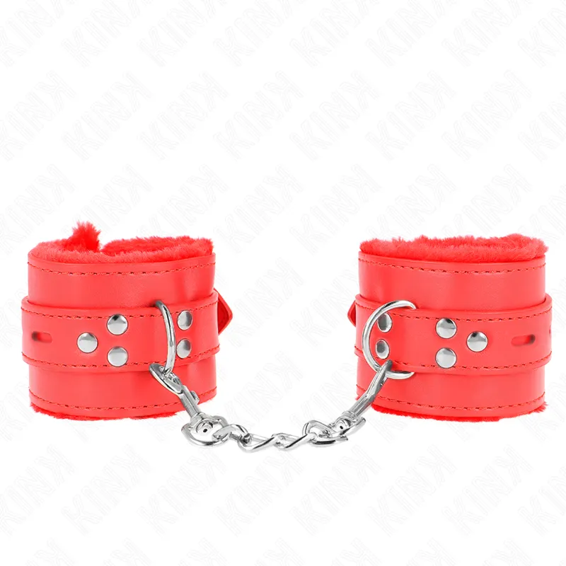 Manchettes BDSM Fourrure Rouge Réglables 17-29cm - KINK