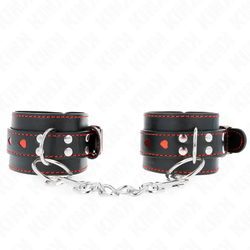Bracelets BDSM Cuir Noir Cœur Rouge Réglables - KINK
