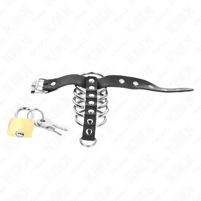 Anneau Pénien Cuir avec Sangle et 5 Anneaux Métalliques - Kink
