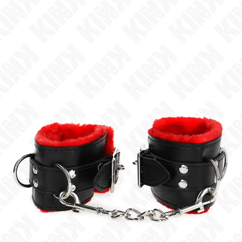 Menottes BDSM Cuir Doublées Fourrure Rouge Noir - Kink