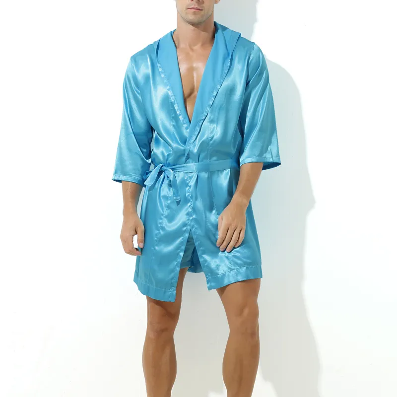 Peignoir effet satiné LONG SLIT Bleu Turquoise