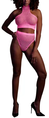 Ouch! Glow Ensemble Bustier et Culotte Filet Rose Fluo
