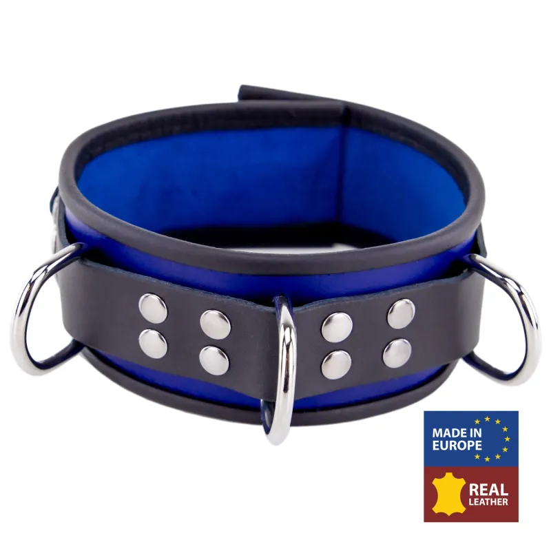 Collier en cuir 3 Anneaux D Bleu-Noir