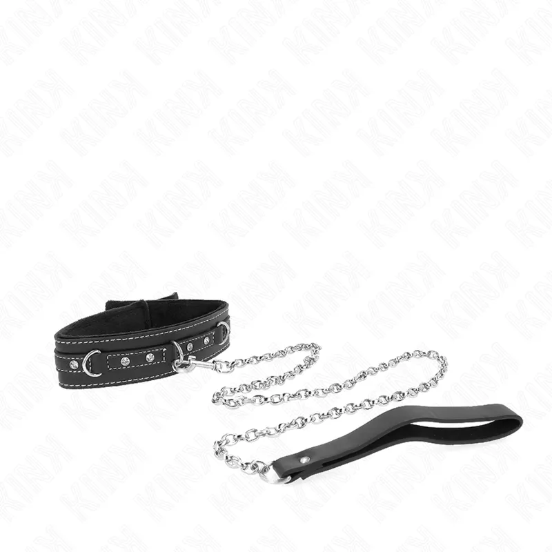 Collier BDSM Cuir PVC avec Laisse 105cm Rivets Strass - KINK