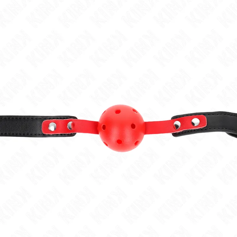 Balle gag dure creuse rouge 4 cm avec bracelet noir ajustable - Kink