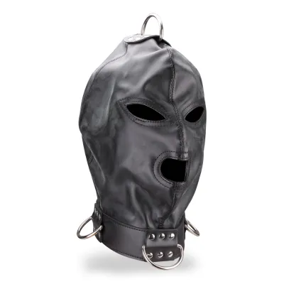 Cagoule BDSM en similicuir trois ouvertures et anneaux
