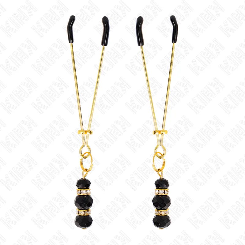 Pincette à tétons dorée ornements bijoux noirs - Kink