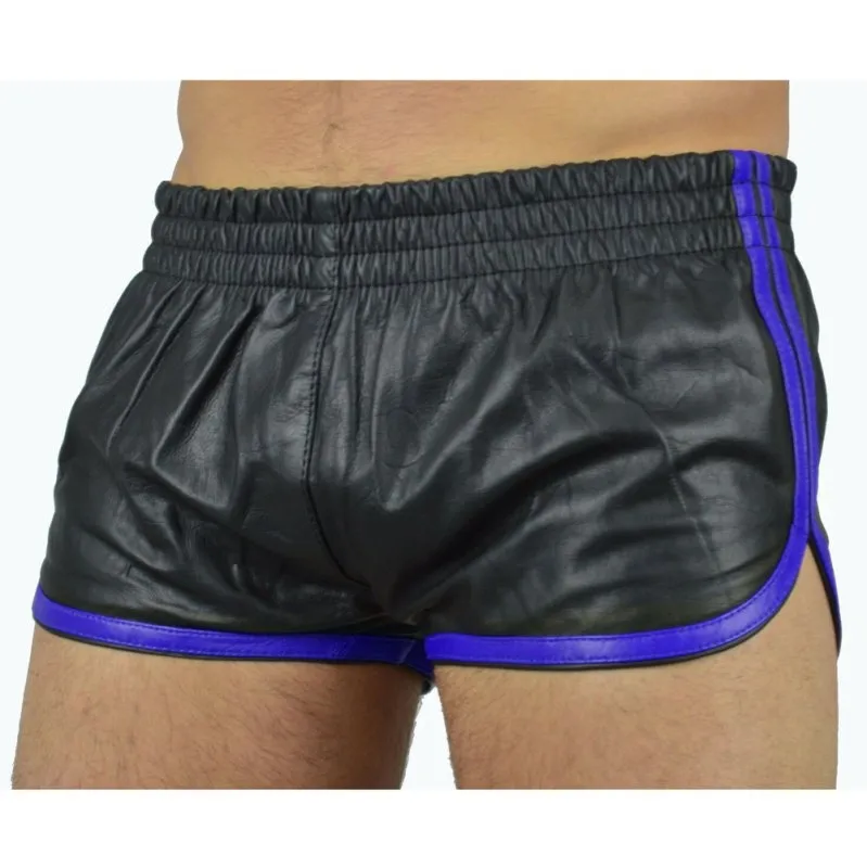 MenSexyWear Short Imitation cuir SPORTS LINE Noir-Bleu