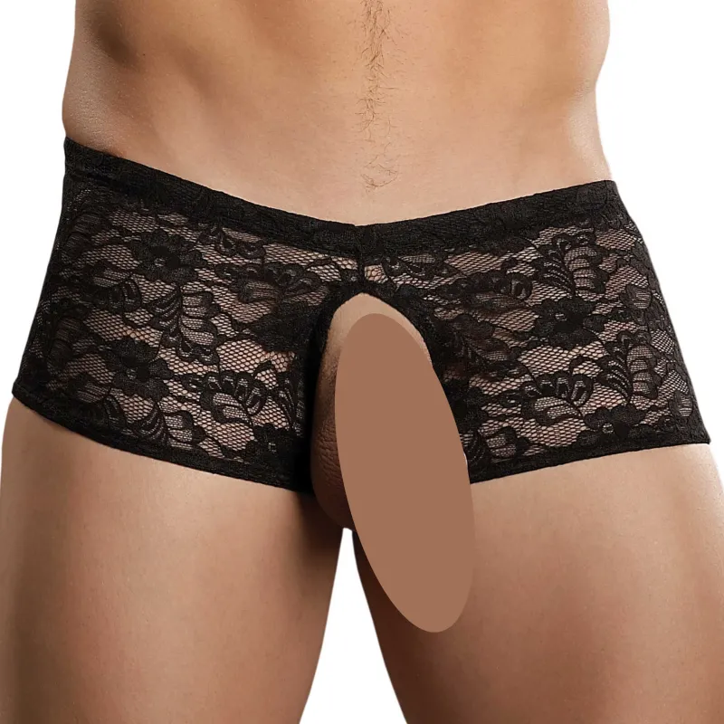 male power Boxer Bottomless en Dentelle CROTCHLESS Noir